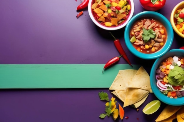 Zdjęcie meksykańskie platillo tacos z barbacoa i wegetariańskie z sosami i kolorowym stołem