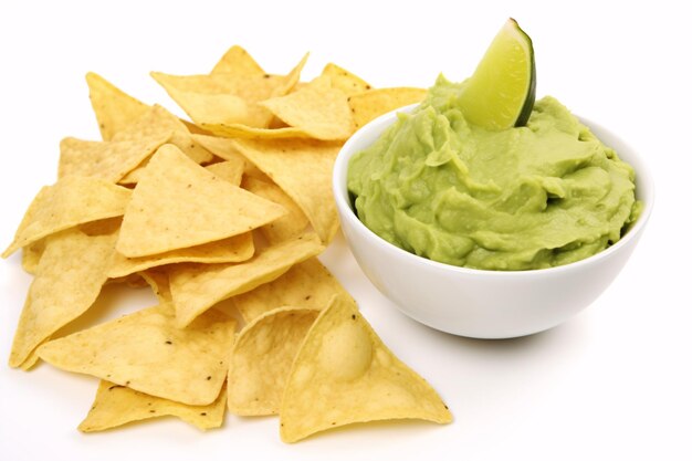 Meksykańskie połączenie guacamole i chipsów tortilla na białej powierzchni