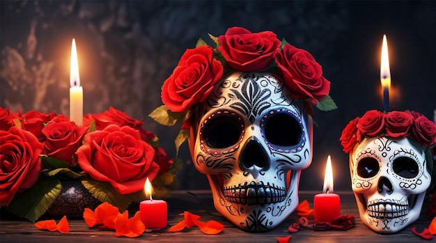 Meksykańskie święto martwej realistycznej kompozycji ze strasznymi maskami świec i róż