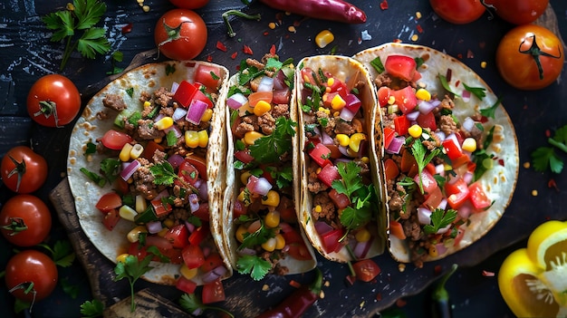 Meksykańskie taco z warzywami, mięsem, kukurydzą i świeżymi ziołami na wiejskiej drewnianej desce generowanej przez sztuczną inteligencję.