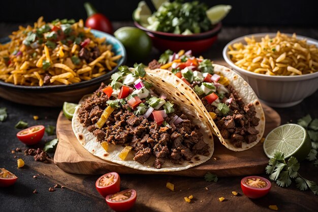 meksykańskie tacos uliczne i frytki carne asada w płaskiej kompozycji