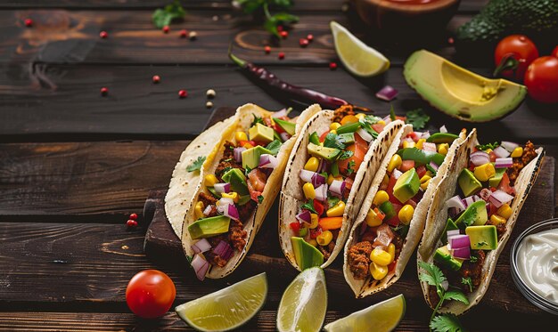 Meksykańskie tacos z warzywami, salsa i awokado na drewnianym tle, widok z góry