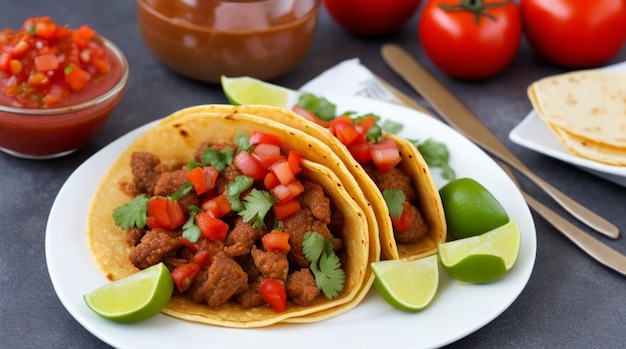 Meksykańskie tacos z wołowiną w sosie pomidorowym i salsą