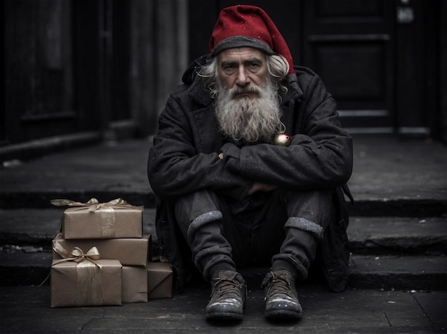 Zdjęcie melancholijna scena z bezdomnym ubranym jako święty mikołaj