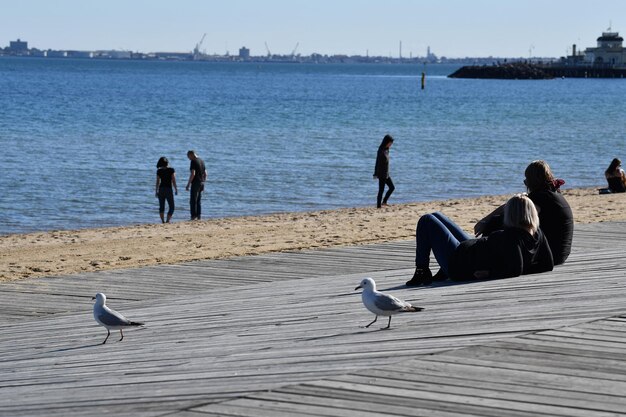 Zdjęcie melbourne, australia - 14 sierpnia 2017 - ludzie odpoczywający na plaży st. kilda