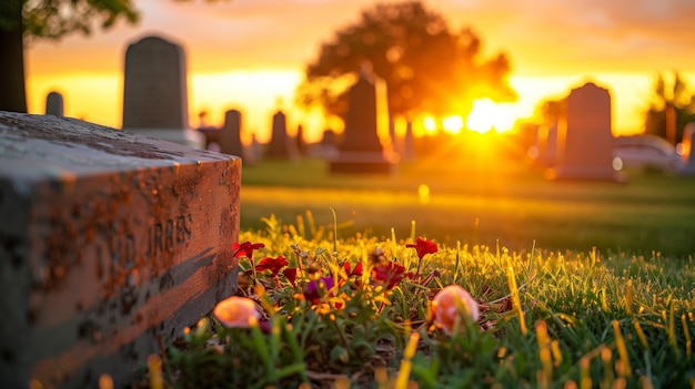 Memorial Day Dawn na cmentarzu z amerykańską flagą