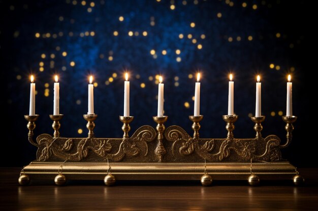 Zdjęcie menora ze świecami w pobliżu abstrakcyjnych świateł girlandy chanukowej