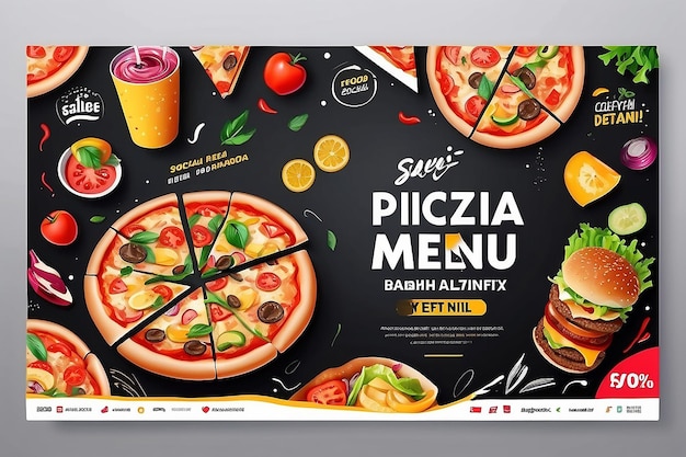 Zdjęcie menu restauracji fast food marketing mediów społecznościowych projekt szablonu banera internetowego pizza burger i biznes zdrowej żywności promocja online ulotka