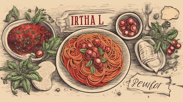 Menu włoskiej restauracji z góry ilustracja Spaghetti i ravioli tło stołu styl grawerowany