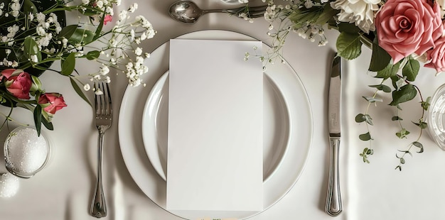 Menu zaproszenia ślubnego mock-up Piękne ustawienie stołu na szarym lnianym obrusie świąteczne ustawienie stolika na ślubną kolację z różowymi różami i ilustracją generowaną przez sztuczną inteligencję