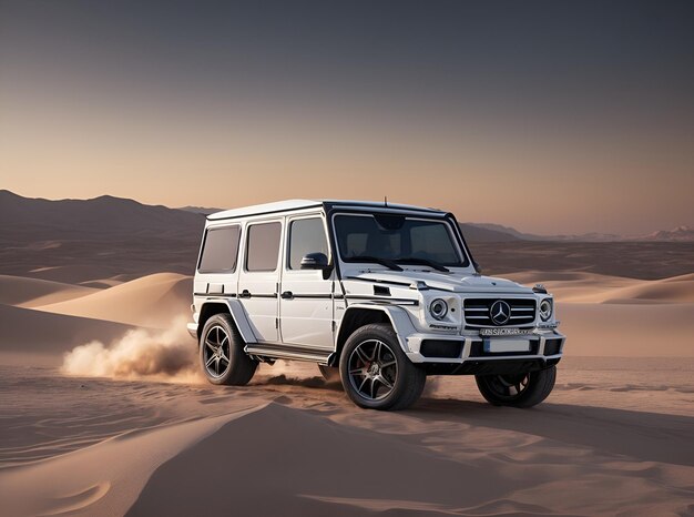 Mercedes Benz g wagon biały na gorącym pustyni ciemnym tle