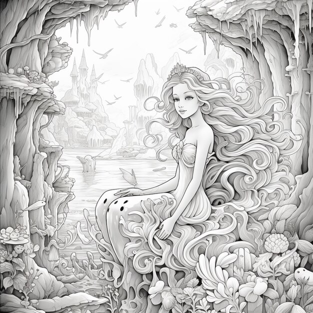 Zdjęcie mermaid sitting on a rock in a forest with a castle in the background generative ai