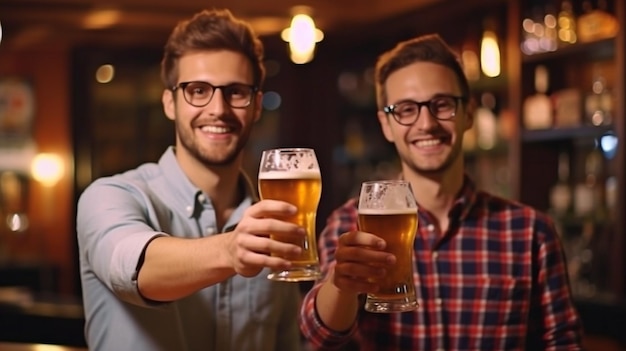 Męscy kumple pijący piwo w barze lub pubie GENERUJĄ AI