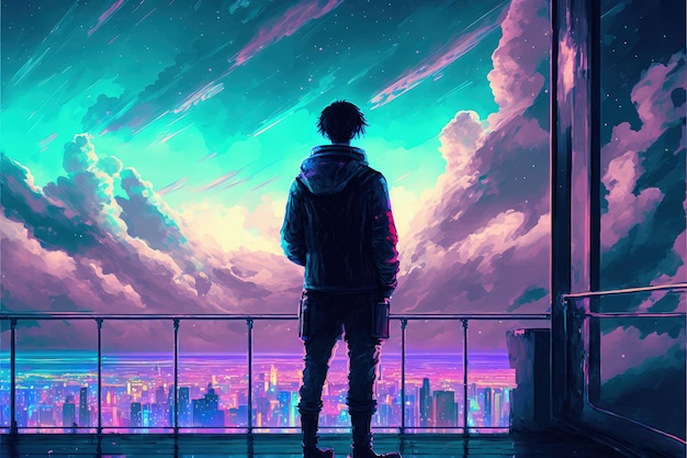 Męska postać wygląda z balkonu na widok futurystycznego miasta oświetlonego żywymi światłami Koncepcja fantasy Malarstwo ilustracyjne Generatywna sztuczna inteligencja