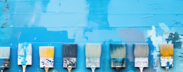 Męska ręka malująca ścianę wałkiem do malowania z panoramą koloru niebieskiego Generative Ai