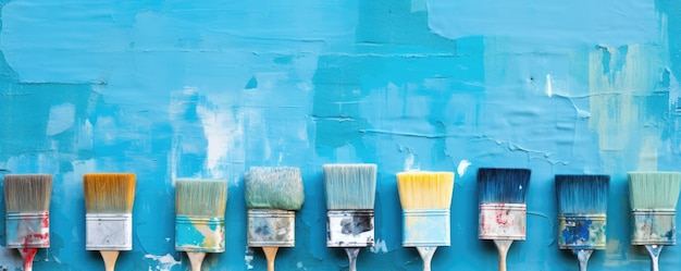 Męska ręka malująca ścianę wałkiem do malowania z panoramą koloru niebieskiego Generative Ai