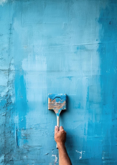 Męska ręka malująca ścianę wałkiem malarskim z niebieskim kolorem Generative Ai