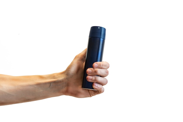Męska Ręka Trzyma Niebieską Aluminiową Butelkę Dezodorantu