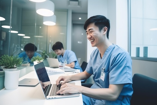 Męski azjatycki lekarz używający laptopa w szpitalu Generative AI