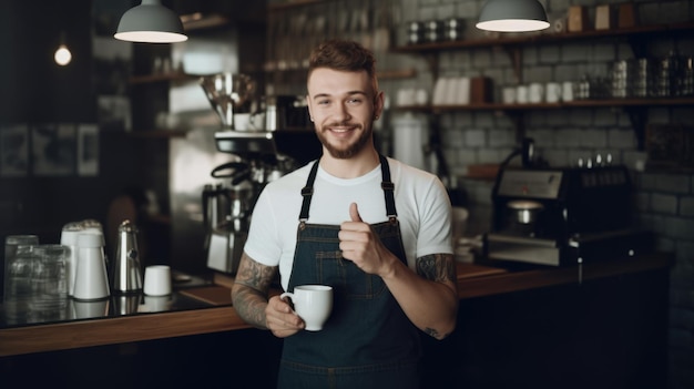 Męski barista w fartuchu w kawiarni trzymający kubek w ladzie Generative AI AIG21