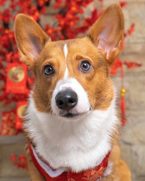 Męski corgi pembroke welsh photoshoot studio fotograficzne na białym tle z niebieskim tłem świątecznym motywem sukni i dekoracji