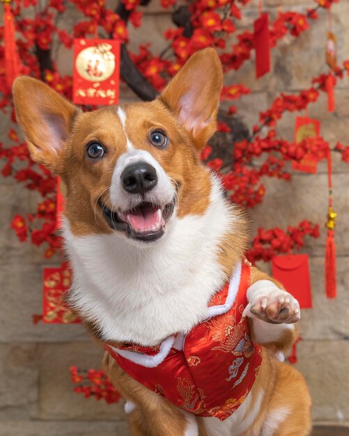 Męski corgi pembroke welsh photoshoot studio fotograficzne na białym tle z niebieskim tłem świątecznym motywem sukni i dekoracji