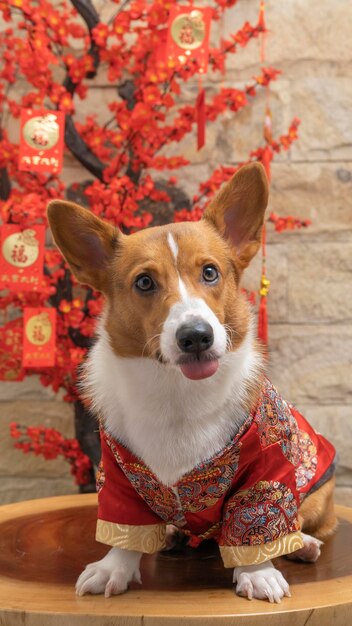 Zdjęcie męski corgi pembroke welsh photoshoot studio fotograficzne na białym tle z niebieskim tłem świątecznym motywem sukni i dekoracji