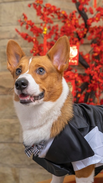 Zdjęcie męski corgi pembroke welsh photoshoot studio fotograficzne na białym tle z niebieskim tłem świątecznym motywem sukni i dekoracji