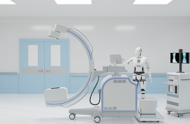Męski cyborg pracujący w szpitalu, sala operacyjna z pracującym lekarzem robotem, renderowanie ilustracji 3d