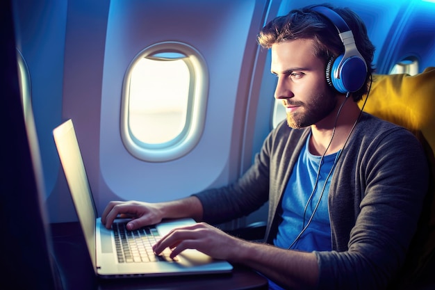 Męski freelancer podróżujący samolotem pracujący na laptopie