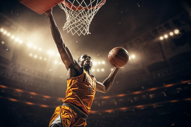 Męski koszykarz grający w koszykówkę na zatłoczonym krytym boisku do koszykówki na tle w stylu bokeh