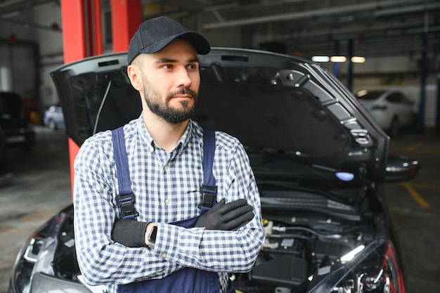 Męski mechanik w samochodowym centrum serwisowym