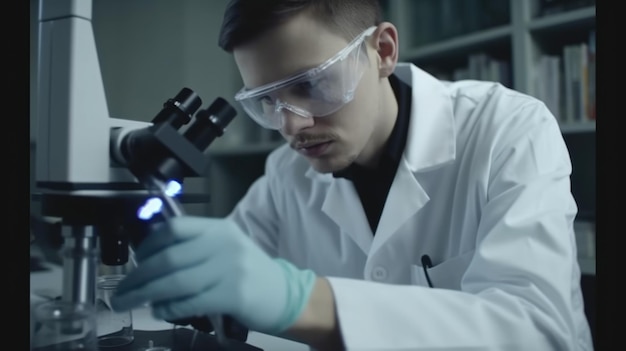 Męski naukowiec biomedyczny w białej sukni pracujący w laboratorium Generative AI AIG21