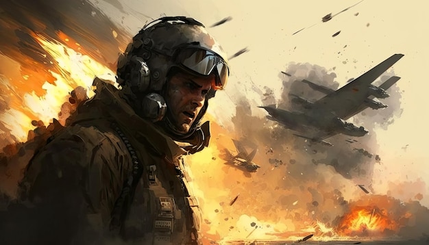 Męski pilot wojskowy na wojnie ze spadającym płonącym samolotem na tle generatywnej ilustracji AI