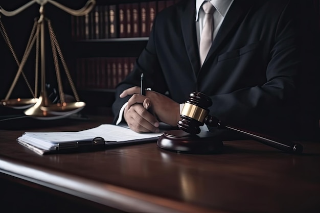 Męski prawnik pracujący z dokumentami w sądzie Koncepcja prawa i sprawiedliwości Prawnicy konsultują zbliżenie Ai Generowane