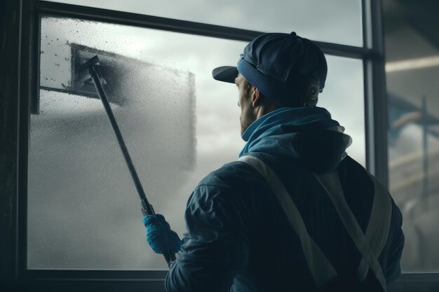 Zdjęcie męski profesjonalny pracownik sprzątający w kombinezonie czyści okna za pomocą specjalnego sprzętu ai generation