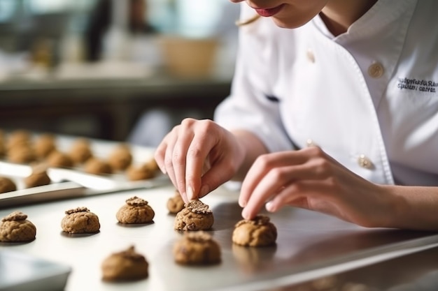 Męski szef kuchni chocolatier pracujący w rzemieślniczym profesjonalnym laboratorium czekolady AI Generative