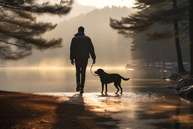 Zdjęcie męski turysta spaceruje z psem nad jeziorem w ciągu dnia