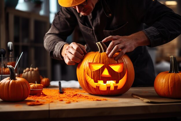 Męskie dłonie rzeźbią dynię na Halloween