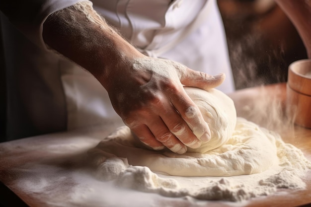 Męskie dłonie ugniatające ciasto do pieczenia pizzy z makaronem chlebowym. Ręcznie robiona koncepcja gotowania