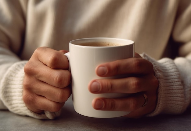 Męskie nadgarstki związane bandażem elastycznym Filiżanka gorącego cappuccino Stół w coworze Generatywnym AI