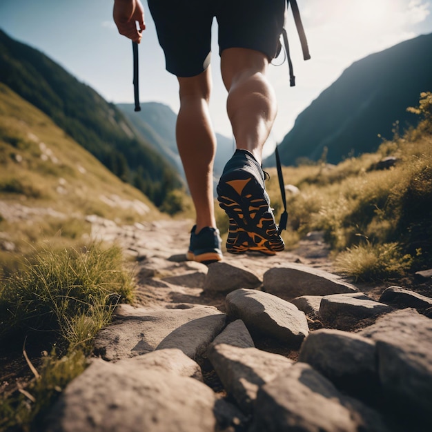 Męskie nogi z butami sportowymi i plecakiem biegną górską ścieżką
