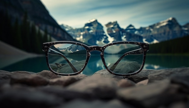 Męskie okulary przeciwsłoneczne odbijają szczyt górski podczas przygody o zachodzie słońca generowanej przez sztuczną inteligencję