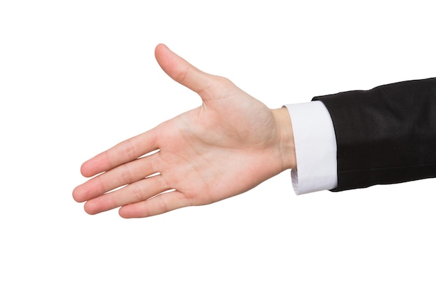 Męskiej ręki gotowy do uścisku dłoni na białym tle. Mężczyzna zapraszający otwartą dłonią, koncepcja powitania