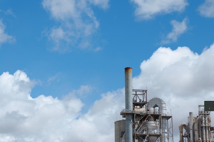 Metaliczne rury żywe błękitne niebo chmury Tło przemysłowe Koncepcje globalnego ocieplenia zanieczyszczenia