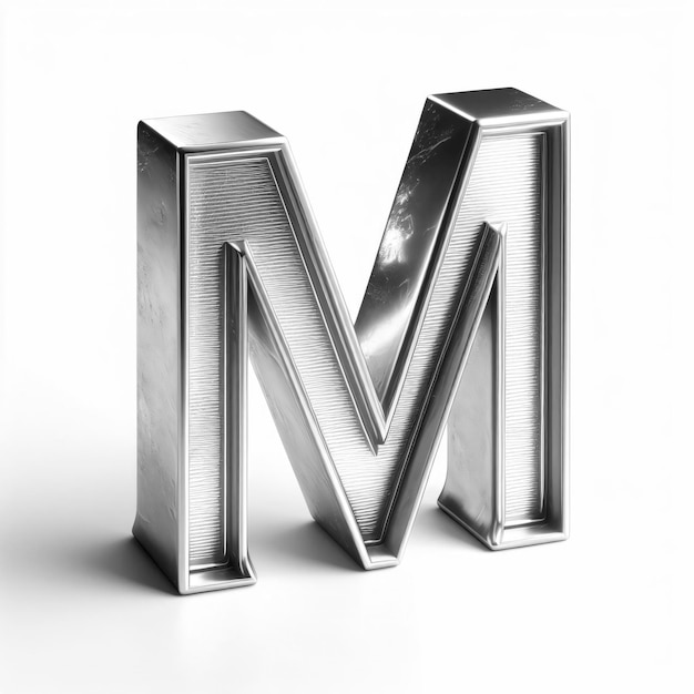 Metaliczny alfabet M świeci na białym tle i wygląda jak srebrna litera M.