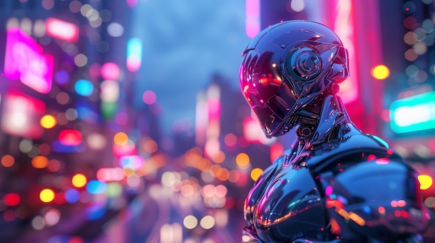 Metaliczny egzoszkielet nieustraszony cyborg poszukiwacz przygód badający neonowy krajobraz miejski w zmierzchu cyberpunk 3D renderowanie Oświetlenie tylne Głębokość pola efekt bokeh