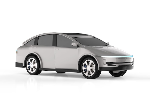 Metaliczny samochód ev lub pojazd elektryczny na białym tle