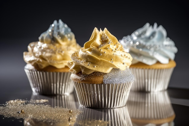 Metallic Sparkling Cupcake Color Cup Cake Pyszne cupcake na jasnym tle Abstrakt Generatywna ilustracja AI