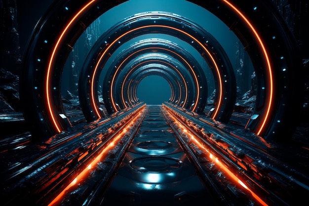 Metalowa i żelazna konstrukcja w stylu tunelu lub korytarza z futurystycznym światłem neonowym